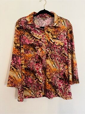 Peck & Peck Pink Orange Printed Button-Down Shirt Size Large Career Office